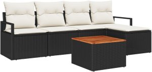 vidaXL Zestaw sofy ogrodowej 6-częściowy z poduszkami Czarny Polirattan Akacja, vidaXL 2-osobowa sofa ogrodowa z miejscem na przechowywanie i poduszkami Czarny Polirattan 2