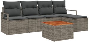 Zestaw 6-osobowy sof ogrodowych z poduszkami Szary Poli Rattan Akacja, Dwuosobowa sofa ogrodowa z schowkiem i poduszkami Szary Poli Rattan 2