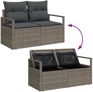 Zestaw 6-osobowy sof ogrodowych z poduszkami Szary Poli Rattan Akacja, Dwuosobowa sofa ogrodowa z schowkiem i poduszkami Szary Poli Rattan 10
