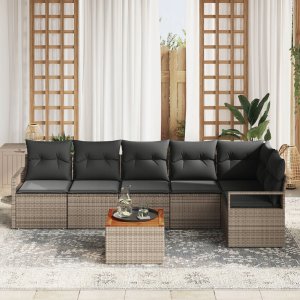 7-częściowy zestaw sofy ogrodowej vidaXL z poduszkami szary polirattan akacja, 2-osobowa sofa ogrodowa vidaXL z magazynem i poduszkami szary polirattan 2