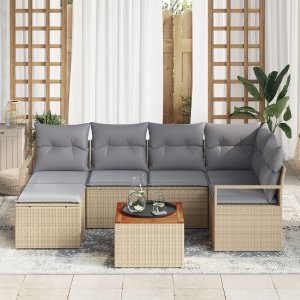 vidaXL 7-elementowy zestaw sof ogrodowych z poduszkami Beżowy Rattan Akacja, vidaXL 2-osobowa sofa ogrodowa z miejscem do przechowywania i poduszkami Beżowy Rattan 2