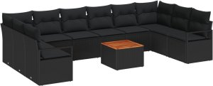 vidaXL 11-elementowy zestaw sofy ogrodowej z poduszkami czarny polirattan akacja, vidaXL Dwumiejscowa sofa ogrodowa z miejscem do przechowywania i poduszkami czarny polirattan 2