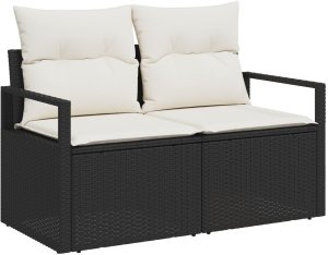 vidaXL 10 Elementowy Zestaw Sof Ogrodowych z Poduszkami Czarno Polirattanowy Akacjowy, vidaXL 2-osobowa Sofa Ogrodowa z Przechowalnią i Poduszkami Czarno Polirattanowa 4