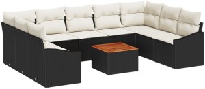 vidaXL 10 Elementowy Zestaw Sof Ogrodowych z Poduszkami Czarny Polirattan Akacja 2