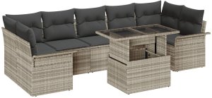 vidaXL 8-częściowy zestaw sofy ogrodowej z poduszkami jasnoszary polirattan, vidaXL 2-osobowa sofa ogrodowa z schowkiem i poduszkami jasnoszary polirattan 2