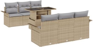 vidaXL 7-częściowy zestaw sof ogrodowych z poduszkami w beżowym polirattanie, 2-osobowa sofa ogrodowa z miejscem do przechowywania i poduszkami w beżowym polirattanie 2