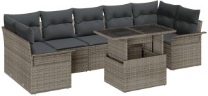 vidaXL 8-częściowy Zestaw Sofowy do Ogrodu z Poduszkami Szary Polirattan, 2-osobowa Sofa Ogrodowa z Przechowalnią i Poduszkami Szary Polirattan 2