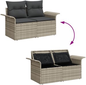 vidaXL Zestaw sofy ogrodowej 7-częściowy z poduszkami jasnoszary poli rattan, Sofa ogrodowa 2-osobowa z przechowalnią i poduszkami jasnoszary poli rattan 4