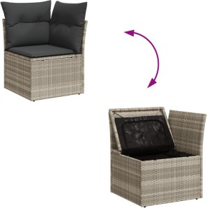 vidaXL Zestaw sofy ogrodowej 7-częściowy z poduszkami jasnoszary poli rattan, Sofa ogrodowa 2-osobowa z przechowalnią i poduszkami jasnoszary poli rattan 5