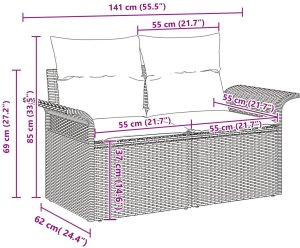 vidaXL Zestaw sofy ogrodowej 7-częściowy z poduszkami jasnoszary poli rattan, Sofa ogrodowa 2-osobowa z przechowalnią i poduszkami jasnoszary poli rattan 8