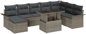 Zestaw Sofy Ogrodowej 9 Elementowy z Poduszkami Szary Polirattan, Sofa Ogrodowa 2-osobowa z Pojemnikiem i Poduszkami Szary Polirattan 2
