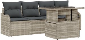 vidaXL Zestaw Sofy Ogrodowej z 5 elementów z poduszkami Jasnoszary Rattan Poliester, Sofa Ogrodowa na 2 os. z Schowkiem i Poduszkami Jasnoszary Rattan Poliester 2