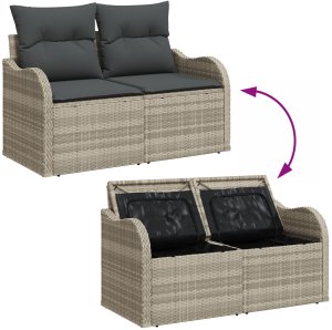 vidaXL Zestaw Sofy Ogrodowej z 5 elementów z poduszkami Jasnoszary Rattan Poliester, Sofa Ogrodowa na 2 os. z Schowkiem i Poduszkami Jasnoszary Rattan Poliester 10