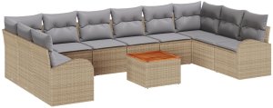vidaXL 11-elementowy zestaw sof ogrodowych z poduszkami Beżowy Polirattan Akacja, Dwuosobowa Sofa Ogrodowa z Przechowywaniem i Poduszkami Beżowy Polirattan 2