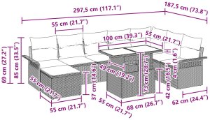 Zestaw 9-elementowy sofy ogrodowej z poduszkami Beżowy Rattan polietylenowy, Sofa ogrodowa dla 2 osób z pojemnikiem i poduszkami Beżowy Rattan polietylenowy 3