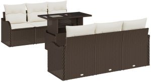 vidaXL 7-częściowy Zestaw Sof Ogrodowych z Poduszkami Brązowy Polirattan, 2-osobowa Sofa Ogrodowa z Przechowaniem i Poduszkami Brązowy Polirattan 2