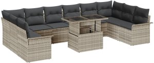 vidaXL 11-częściowy zestaw sofy ogrodowej z poduszkami jasnoszary polirattan, 2-osobowa sofa ogrodowa z schowkiem i poduszkami jasnoszary polirattan 2