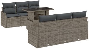 Zestaw 7-elementowy sofy ogrodowej z poduszkami Szary Polirattan, Sofa ogrodowa 2-osobowa z schowkiem i poduszkami Szary Polirattan 2