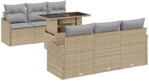 vidaXL 7-częściowy zestaw sof ogrodowych z poduszkami Beżowy Poli Rattan, 2-osobowa sofa ogrodowa z miejscem na przechowywanie i poduszkami Beżowy Poli Rattan 2