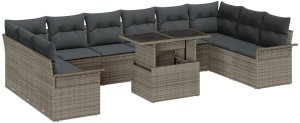vidaXL Zestaw sof ogrodowych 11 elementów z poduszkami szary polirattan, Zestaw sof ogrodowych 2-osobowa z miejscem na przechowywanie i poduszkami szary polirattan 2