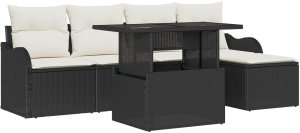 vidaXL Zestaw sofy ogrodowej 6 elementów z poduszkami czarny polirattan, Sofa ogrodowa 2-osobowa z miejscem na przechowywanie i poduszkami czarny polirattan 2