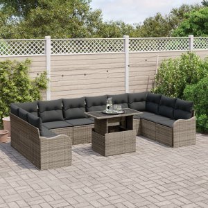 vidaXL vidaXL 11-częściowy zestaw sofy ogrodowej z poduszkami Szary Poli Rattan, vidaXL dwuosobowa sofa ogrodowa z miejscem na przechowywanie i poduszkami Szary Poli Rattan 3