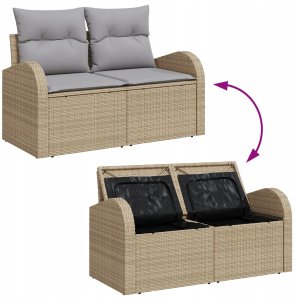 vidaXL Zestaw ogrodowy z 7 elementami z poduszkami Beżowy PE Rattan, Dwuosobowa sofa ogrodowa z miejscem na przechowywanie i poduszkami Beżowy PE Rattan 11