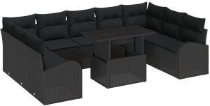 vidaXL 10-elementowy zestaw sof ogrodowych z poduszkami czarny polirattan, vidaXL 2-osobowa sofa ogrodowa z przechowalnią i poduszkami czarny polirattan 2