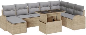 vidaXL Zestaw Sofy Ogrodowej 9-częściowy z Poduszkami Beżowy Poli Rattan, 2-osobowa Sofa Ogrodowa z Przechowywaniem i Poduszkami Beżowy Poli Rattan 2
