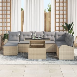 vidaXL Zestaw Sofy Ogrodowej 9-częściowy z Poduszkami Beżowy Poli Rattan, 2-osobowa Sofa Ogrodowa z Przechowywaniem i Poduszkami Beżowy Poli Rattan 3