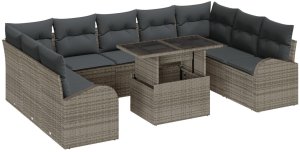 vidaXL Zestaw 10 Częściowy Kanap Ogrodowych z Poduszkami Szary Polirattan, vidaXL Kanapa Ogrodowa 2-osobowa z Pojemnikiem i Poduszkami Szary Polirattan 2