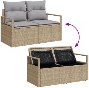Zestaw kanap ogrodowych vidaXL 8-częściowy z poduszkami w odcieniu beżowym z polirattanu, Sofa ogrodowa vidaXL 2-osobowa z przechowywaniem i poduszkami w odcieniu beżowym z polirattanu 10