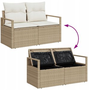 vidaXL Zestaw sofy ogrodowej 7 elementów z poduszkami Beżowy Poli Rattan, Sofa ogrodowa 2-osobowa z miejscem do przechowywania i poduszkami Beżowy Poli Rattan 11