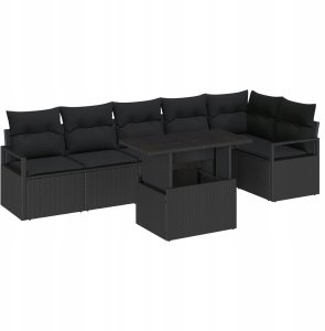 Zestaw sofa ogrodowa vidaXL 7-częściowy z poduszkami Czarny Polirattan, Sofa ogrodowa vidaXL 2-osobowa ze schowkiem i poduszkami Czarny Polirattan 1