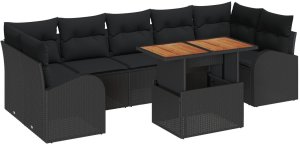 vidaXL 8 Elementowy Zestaw Sofy Ogrodowej z Poduszkami Czarny Rattan Poli, 2-osobowa kanapa ogrodowa z schowkiem i poduszkami Czarny Rattan Poli 2