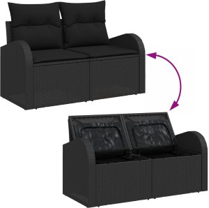 vidaXL 8 Elementowy Zestaw Sofy Ogrodowej z Poduszkami Czarny Rattan Poli, 2-osobowa kanapa ogrodowa z schowkiem i poduszkami Czarny Rattan Poli 10