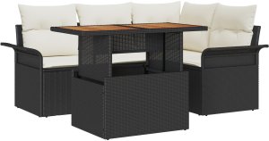 vidaXL 5-Częściowy Zestaw Sofy Ogrodowej z Poduszkami Czarne z PE Rattan, 2-osobowa Sofa Ogrodowa z Przechowalnią i Poduszkami Czarno z PE Rattan 2