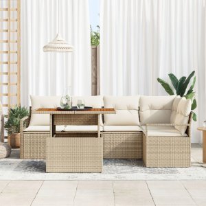 Zestaw 6-elementowy sofa ogrodowa z poduszkami Beżowy rattan PE, 2-osobowa sofa ogrodowa z miejscem na przechowywanie i poduszkami Beżowy rattan PE 2