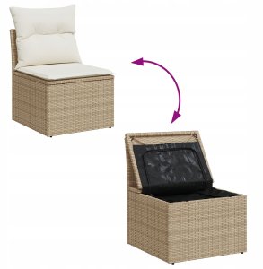 vidaXL 11-częściowy zestaw sofa ogrodowa z beżowymi poduszkami z poli ratanu, 2-osobowa sofa ogrodowa z miejscem na przechowywanie i poduszkami w beżowym poli rattanowym 11