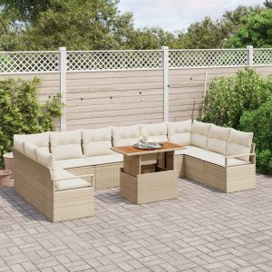 vidaXL 11-częściowy zestaw sofa ogrodowa z beżowymi poduszkami z poli ratanu, 2-osobowa sofa ogrodowa z miejscem na przechowywanie i poduszkami w beżowym poli rattanowym 2