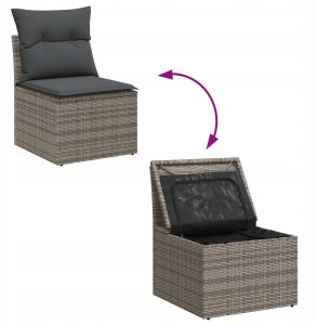 Zestaw sof ogrodowych vidaXL 11-elementowy z poduszkami Szary Poly Rattan, 2-osobowa sofa ogrodowa vidaXL z miejscem do przechowywania i poduszkami Szary Poly Rattan 11