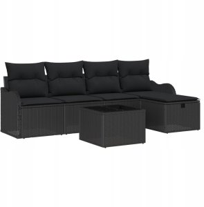 vidaXL Zestaw sofy ogrodowej 6 części z poduszkami Czarny Polirattan, Sofa ogrodowa 2-osobowa z poduszkami Czarny Polirattan 2