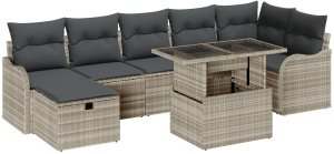 Zestaw sof ogrodowych 8 częściowych z poduszkami Jasnoszary Polirattan, Zestaw sof ogrodowych 2-osobowych z poduszkami Jasnoszary Polirattan 2