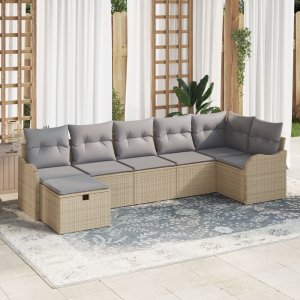 vidaXL 7-częściowy zestaw sofy ogrodowej poduszki beżowe z rattanu, vidaXL 2-osobowa sofa ogrodowa z miejscem na przechowywanie i poduszkami beżowymi 1