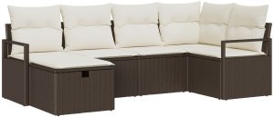 Zestaw sof ogrodowych vidaXL 6-częściowy z poduszkami Brązowy Poli Rattan, Sofa ogrodowa 2-osobowa vidaXL z przechowalnią i poduszkami Brązowy Poli Rattan 2