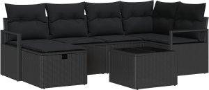 vidaXL Zestaw 7-częściowy sof ogrodowych vidaXL z poduszkami czarny polirattan, Sofa ogrodowa 2-osobowa vidaXL z schowkiem i poduszkami czarny polirattan 2