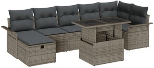 8-częściowy zestaw sofy ogrodowej z poduszkami w szarym kolorze z technorattanu, Sofa ogrodowa 2-osobowa z miejscem na przechowywanie i poduszkami w szarym kolorze z technorattanu 1