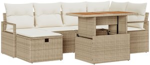 vidaXL 7-częściowy zestaw sofy ogrodowej z poduszkami w beżowym polirattanie, 2-osobowa sofa ogrodowa z miejscem do przechowywania i poduszkami w beżowym polirattanie 2
