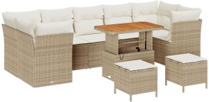 vidaXL 10-częściowy zestaw sof ogrodowych z poduszkami beżowy polirattan akacja, vidaXL 3-częściowy zestaw jadalny ogrodowy z poduszkami beżowy polirattan akacja 2