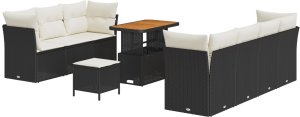 vidaXL Zestaw 10-częściowy sof ogrodowych z poduszkami Czarny Polirattan Akacja, vidaXL Zestaw 3-częściowy sof ogrodowych z poduszkami Czarny Polirattan Akacja 2